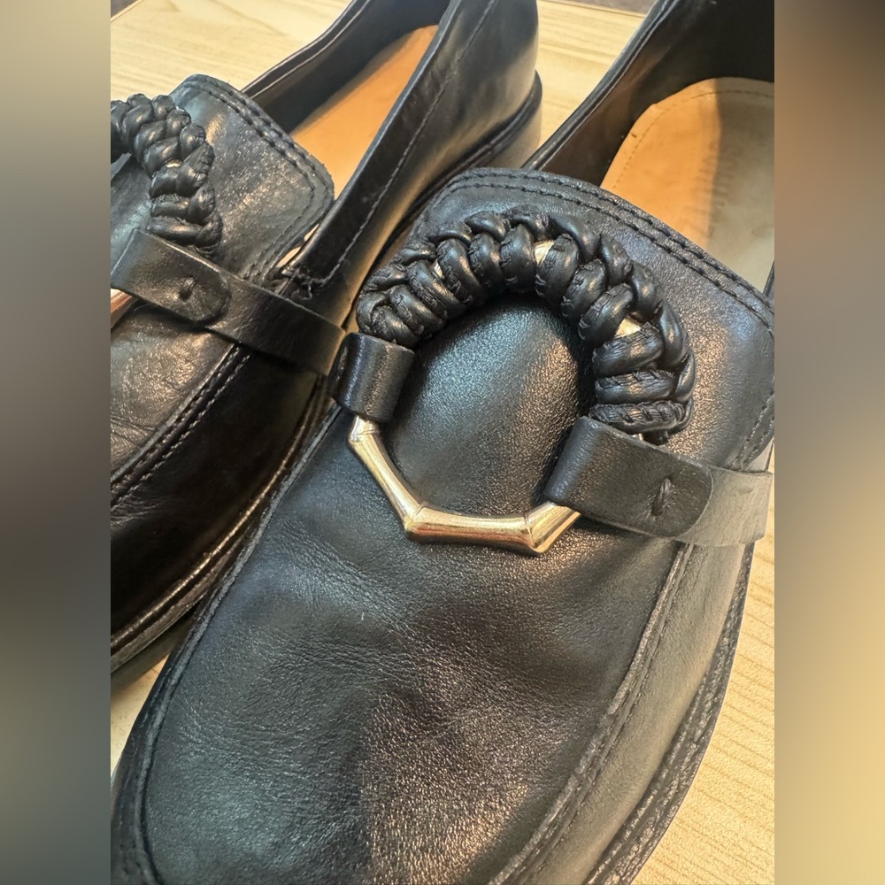 SCHUTZ Black Leather Loafers with Gold Ring Accent - Picture 5 of 9